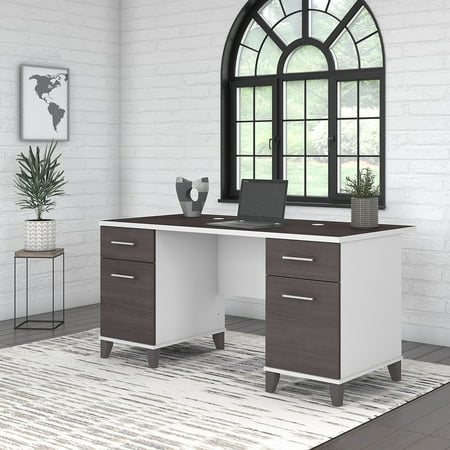 UPC: 0042976138523 | Bush Furniture Somerset 60 in Double Pedestal Desk with 2 File Drawers and 2 Box Drawers in Storm Gray/White (Ships in 2 Boxes)