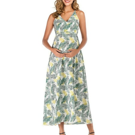 

QISIWOLE Summer Round Short Sleeve Flower Print Maternity V-neck Dress Fashion Skirt rollbacks