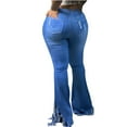 thumbnail image 3 of Lolmot Women Fashion Destroyed Flare Denim Pants Summer Plus Size Solid Color Jean Slim Fit Trousers Casual Tassel Jeans Leggings Trendy Ripped Pants Bell Bottom Raw Hem Denim Pants, 3 of 4