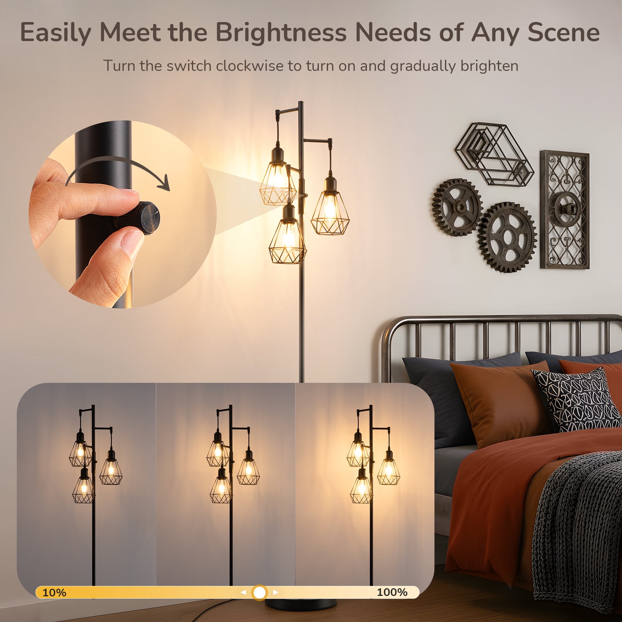 EDISHINE 70IN Farmhouse Industrial Floor Lamps for Living Room, Dimmable, Metal Standing Tree Lamp for Bedroom, Office, Home Decor, Lighting, 3 LED Edison Bulbs Included, Black