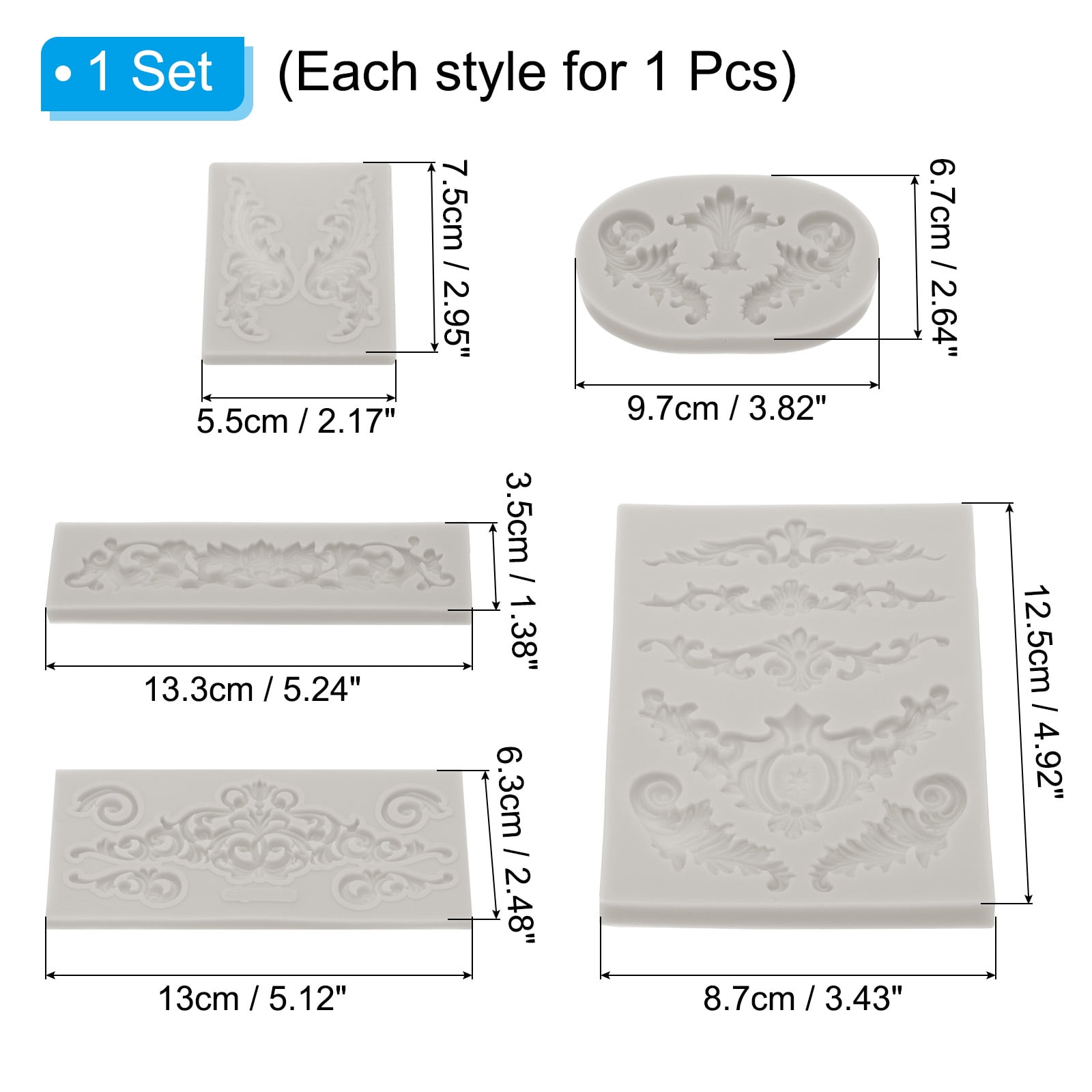 Uxcell 5 Pcs Polymer Clay Mold, Clay Mold Fondant Mold 3D Baroque Lod-Mold Silicone for Crafts Air Dry DIY Cake Grey