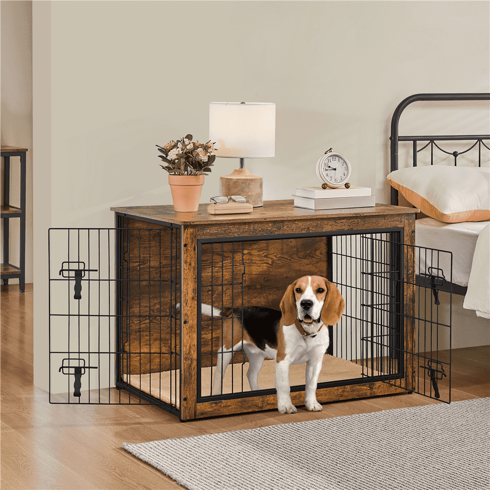 Yaheetech 37.8" W Industrial Dog Crate Furniture with Anti Skid Plush Mat, Rustic Brown