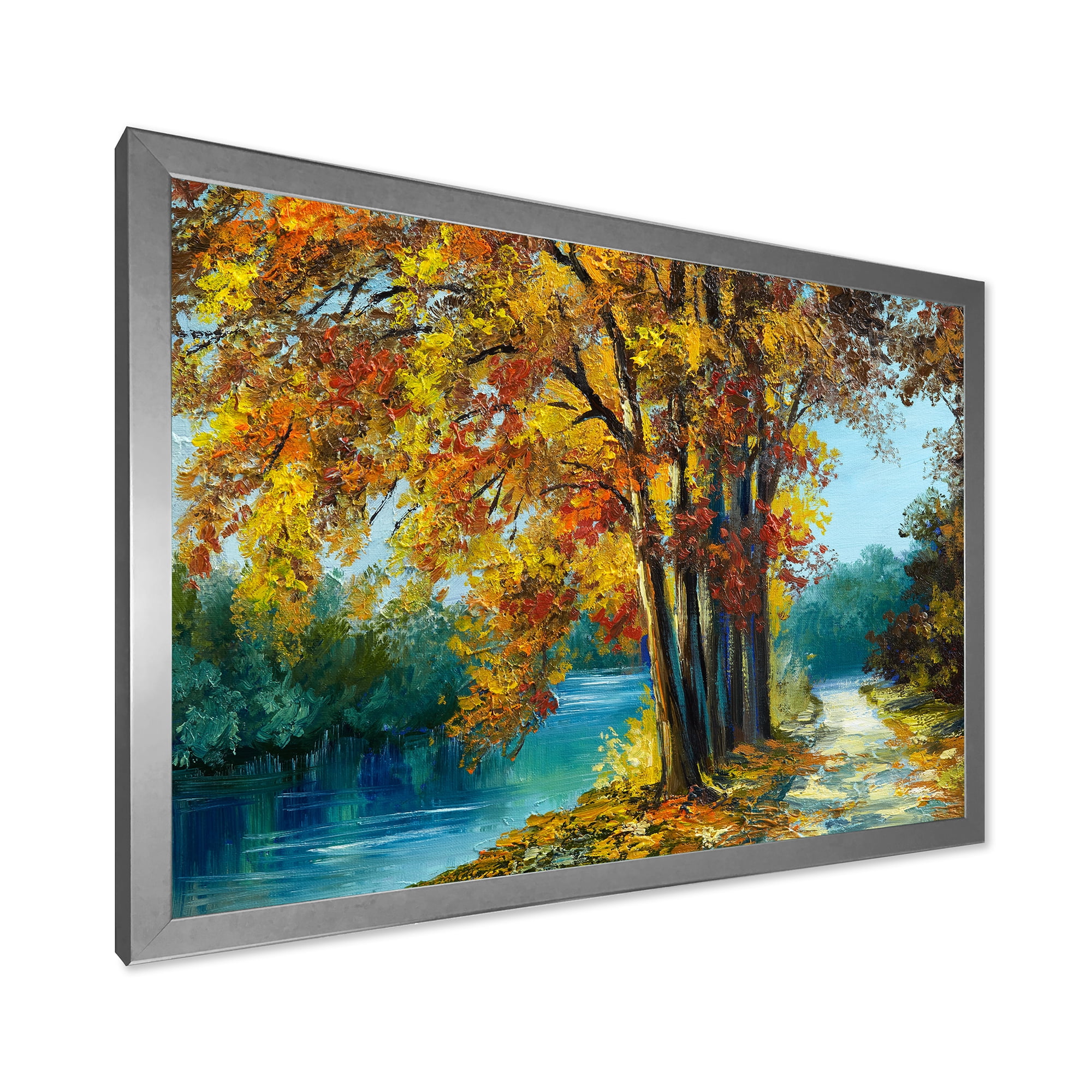 Designart 'Abstract Trees In Warm Autumn Colors By Bright Blue River' Traditional Framed Art Print