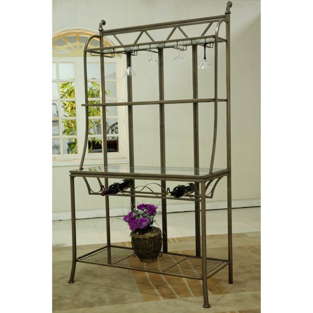 Chintaly Hand Painted Bronze Bakers Rack with Tempered Glass Shelves