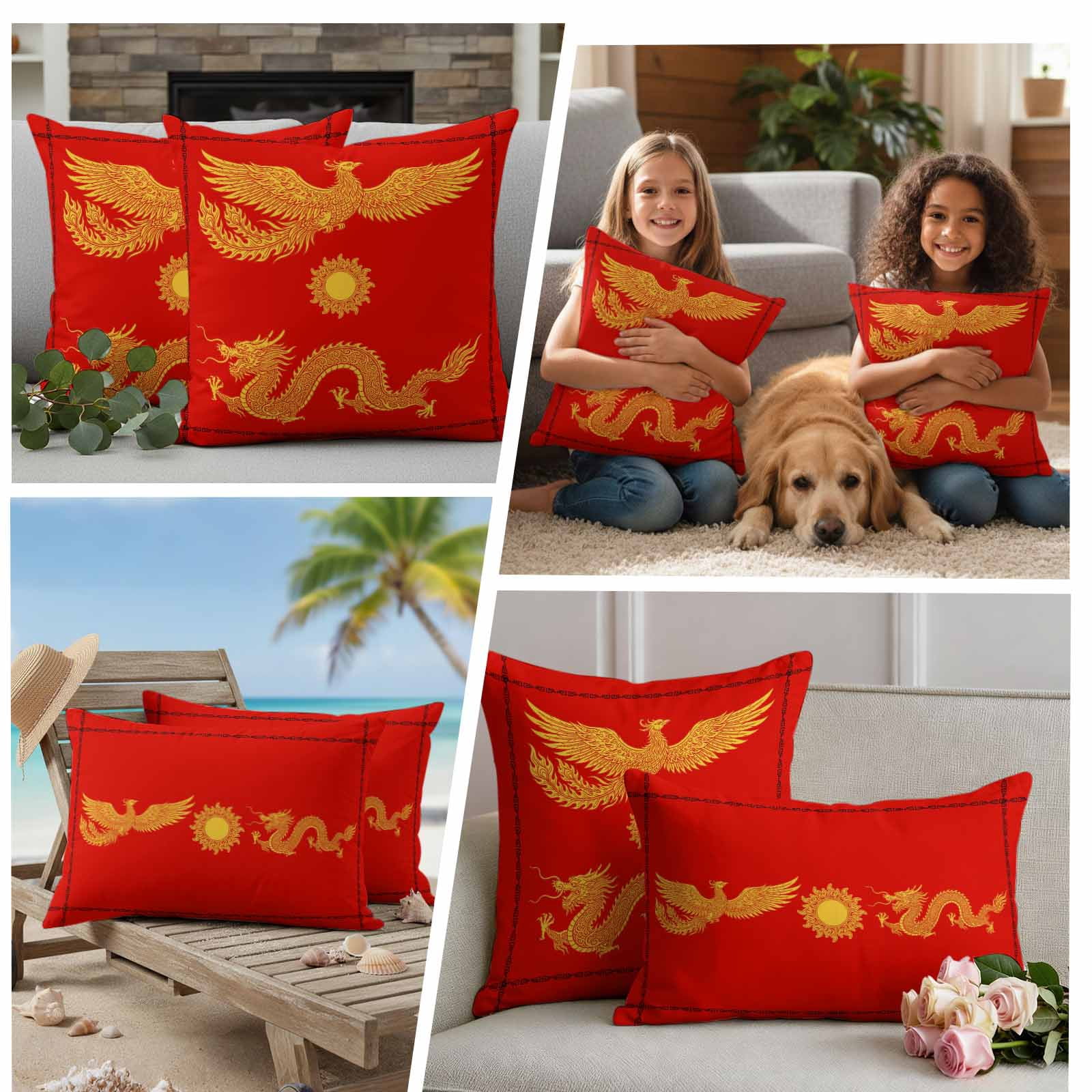 Chinese New Year Outdoor Waterproof Pillow Covers, Yellow Dragon Traditional Art Red Decorative Square Throw Pillowcase Sofa Cushion Sham for Patio/Couch/Chair, 18"x18" 2 Pack