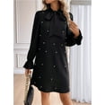 thumbnail image 6 of Women'S Pearl Beaded Tie Neck Long Sleeve Casual Work Short Dress Black L, 6 of 9
