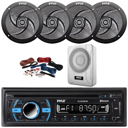 Pyle PLCD43BTM Single DIN Marine Bluetooth USB/AUX MP3 Player AM/FM Radio In-Dash Head Unit Stereo Receiver, 4x 4" 100W Max Low Profile 2-Way Black Speakers, 8” 600W Max Under-Seat Subwoofer W/Kit
