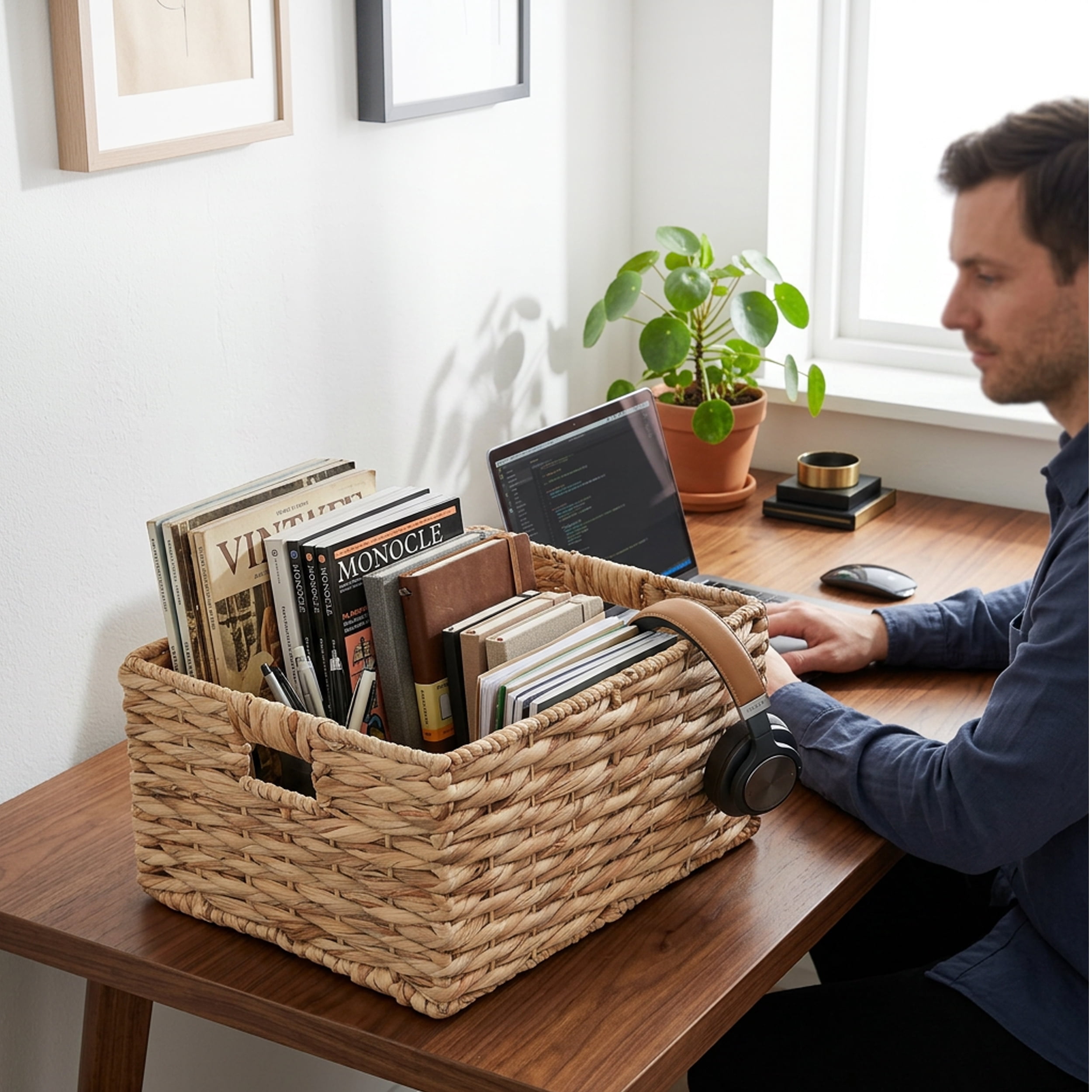 Leumius Water Hyacinth Storage Basket,Handwoven Weave Basket with Handles Cube Organizers for Bathroom, Bedroom,Living Room,16.9" x 12.6" x 9.1",Natural