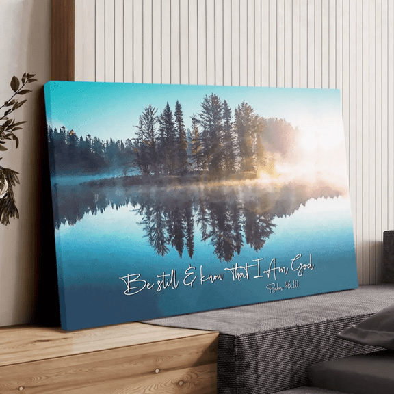 Lake Reflections Christian Canvas Wall Art, Bible Verse Scripture Print, Inspirational Religious Wall Decor Gift