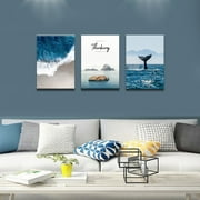 Inspirational Wall Picture Blue Ocean Beach Sea Theme Canvas Wall Art Home Décor Stretched Ready To Hang  - 12"x16"x3 Panels