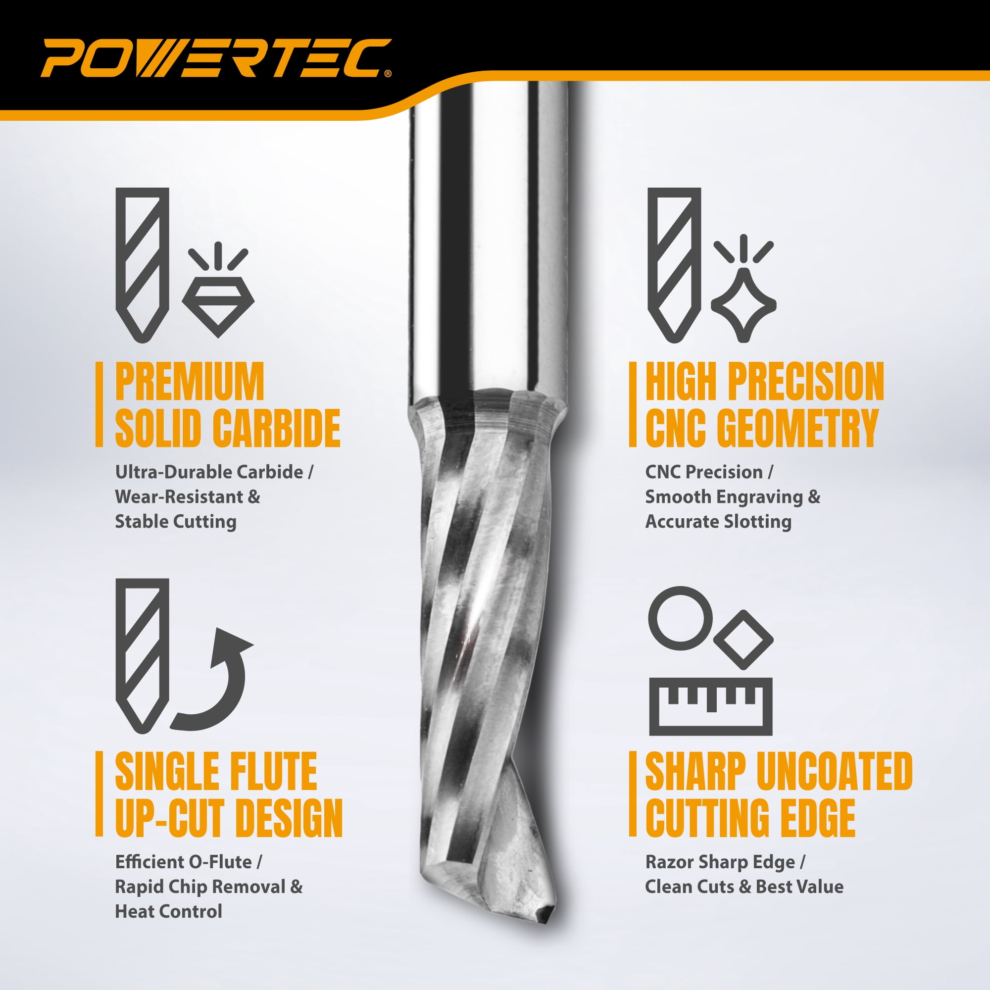 POWERTEC 4PK CNC Aluminum Cutting End Mill – 4mm Single Flute Carbide Bit, 12mm Cut Length, 4mm Shank, High Chip Evacuation Router Bit for Soft Metals, Wood & Plastics (73072)