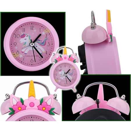 TCJJ Unicorn Alarm Clock Girl, Non-Ticking Kids Alarm Clock Girl,Silent Bedside Pink Alarm Clock, Loud Double Bell Clock With Backlight,Suitable For School Gift