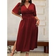 thumbnail image 3 of Plus Size Womens Burgundy Solid V-Neck Wrap Short Sleeve Midi Dress, 3 of 6