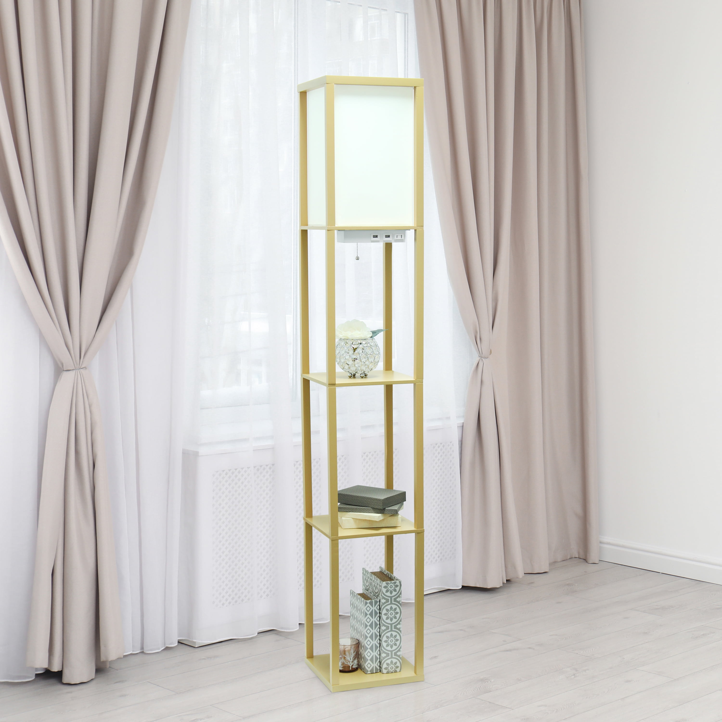 Simple Designs 62.5" 3-Shelf Etagere Floor Lamp with USB, Outlet & LED Bulb, Tan
