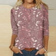 thumbnail image 3 of CYMMPU Spring Tops Crew Neck Tunic Tops Boho Blouses for Women Dressy Casual Flower Printed Fall Fashion Shirts 3/4 Sleeve Loose Fit Lightweight Basic T-Shirts Purple M, 3 of 5