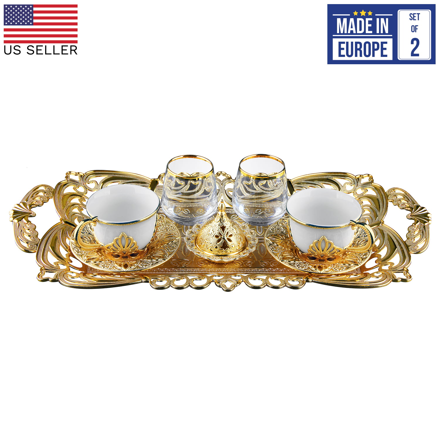 Coffee Cup Set of 6 | Luxurious 18-Piece Handcrafted Porcelain Cups with  Metal Saucers and Removable Cup Holders | Turkish Coffee Cup Set | Juego de
