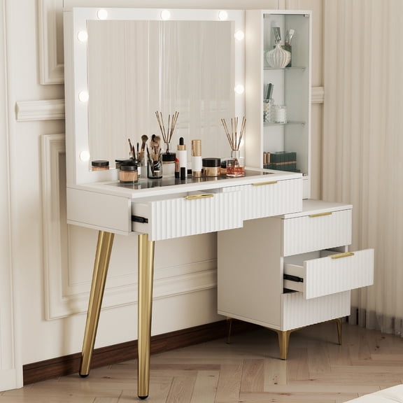 Vanity Desk with Mirror and Lights & Power Outlet, Fluted Makeup Vanity Table with Glass Top, 5 Drawers & Adjustable Shelves, 3 Color Lighting Modes Dressing Table for Bedroom
