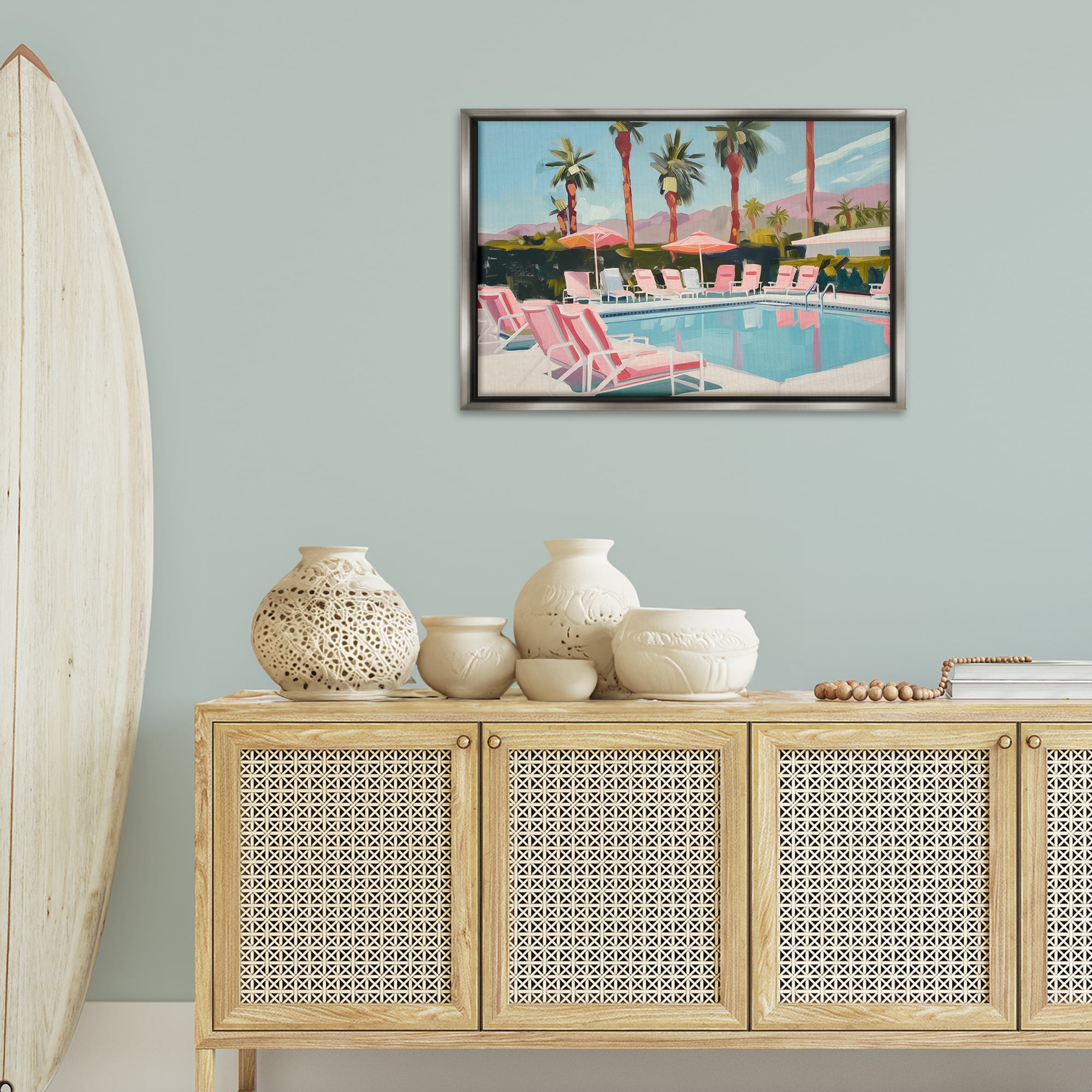 Stupell Industries Palm Springs Swimming Pool Landscape & Nature Painting Gray Floater Framed Canvas Art Print Wall Art, 31 x 21
