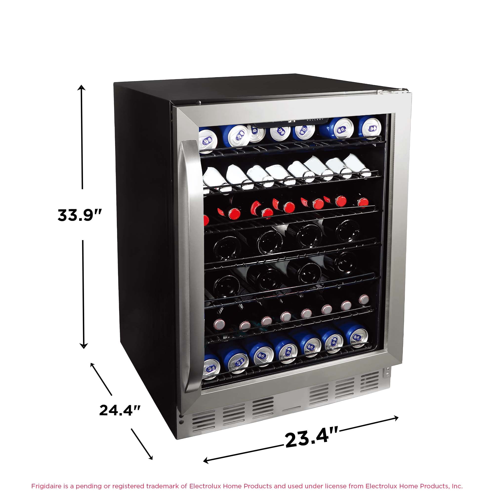 Frigidaire Gallery 24" Beverage Refrigerator with Glass Door, Holds 166 Cans or 56 Bottles, Built in or Freestanding Under Counter Beverage Fridge with LED Light
