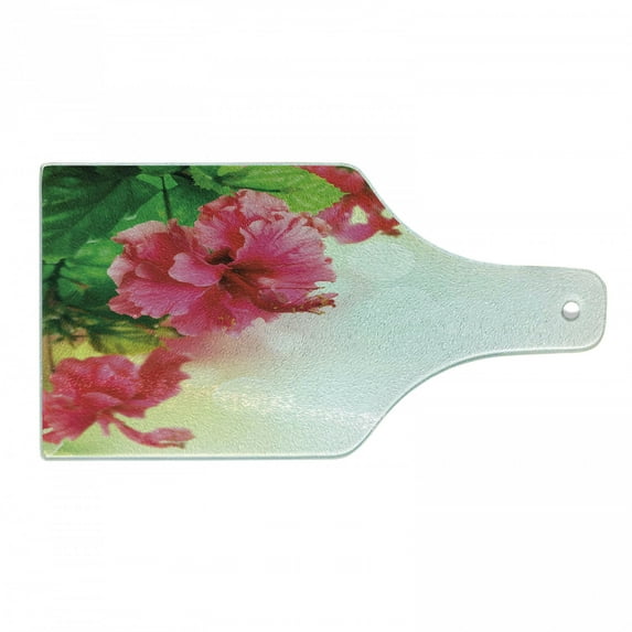 Floral Cutting Board, Hibiscus Flower Florets Buds Leaf Essence Fragrance Blossoms Garden Image, Tempered Glass Cutting and Serving Board, Wine Bottle Shape, Hot Pink Fern Green, by Ambesonne