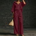 thumbnail image 6 of Women's Linen 2 Piece Outfit Oversized Button Down Shirts High Waist Pleated Wide Leg Pants Matching Tracksuit Set office Casual Outfits Wine, 6 of 7