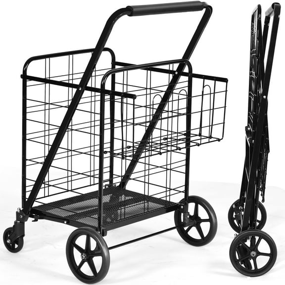 REKHH Folding Shopping Cart, Jumbo Double Basket Utility Grocery Cart 330lbs Capacity with 360° Rolling Swivel Wheels, Portable Heavy Duty Cart for Laundry Shopping Grocery