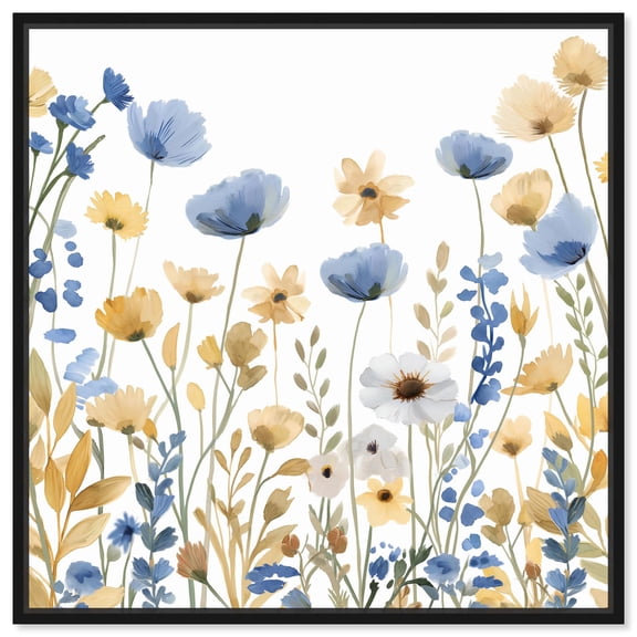 Indigo Yellow Wildmeadow Canvas Folk Art Prints by Art Remedy, Black Frame, 12" x 12"