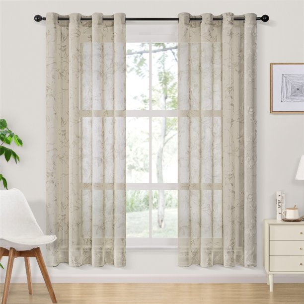 Topfinel Linen Textured Sheer Curtains 84 Inches Long Floral Printed