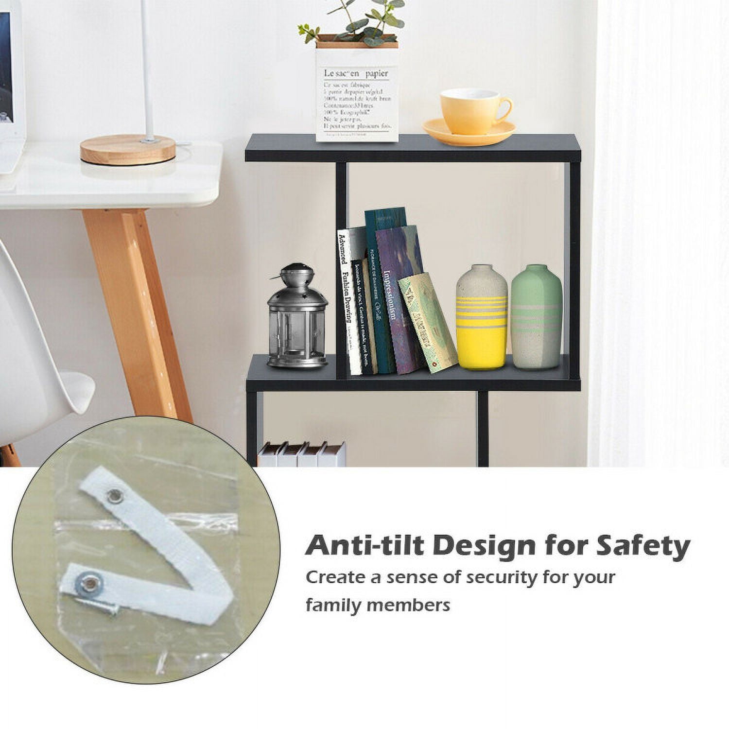 Demi Bonn 2 Tiers Wooden S-Shaped Bookcase for Living Room Bedroom Office, Freestanding Display Rack Bookshelf, Black