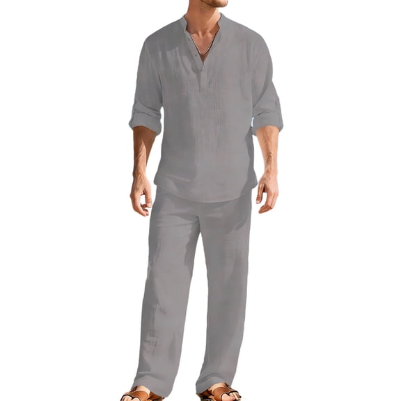 Makaor Linen Sets for Men 2 Piece Summer Loose Lounge Set Big and Tall Matching Outfit with Pockets Sets Long Sleeve T Shirts Drawstring Long Long Pants Casual Beach Vacation Clothes
