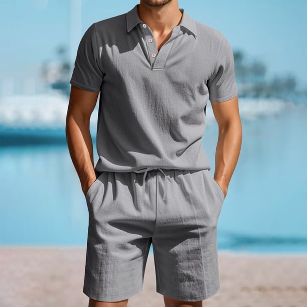 WILLBEST Traje de Verano para Hombre, de Carga Corta, Holgado, Informal, Transpirable, de Manga Corta, de Lino