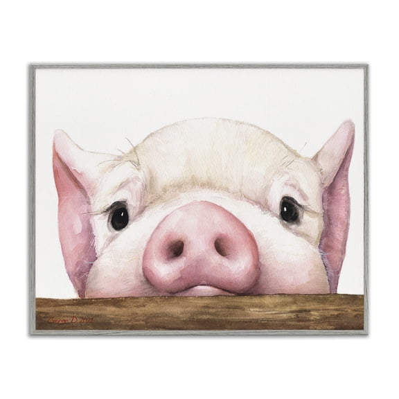 Stupell Industries Rustic Lodge Sweet Pink Pig Resting Snout Farm Animal Illustration Gray Framed Giclee Art, 20 x 16, by George Dyachenko