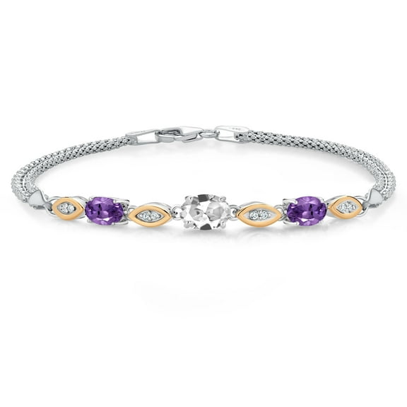 925 Silver and 10K Yellow Gold White Created Sapphire and Purple Amethyst and White Lab Grown Diamond Bracelet for Women (1.96 Cttw, Gemstone September Birthstone, Oval, Wheat Chain, 7 inches)