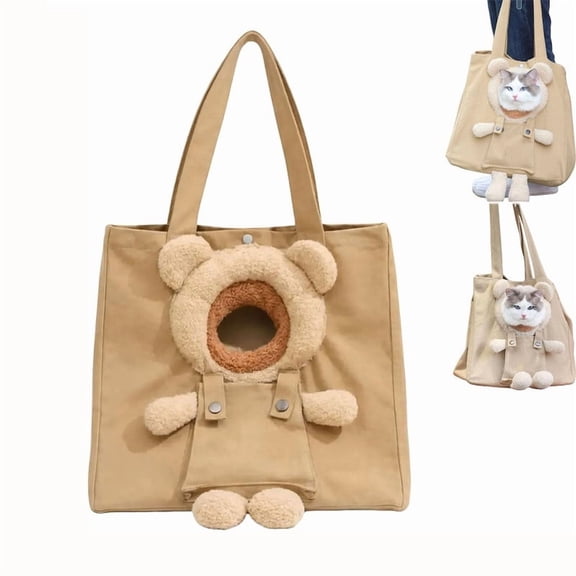 Cat Carrier Bag with Head Hole, Cute Plush Bear Canvas Cat Tote Bag for Everyday Outings, Designed Specifically for Small Cats and Pets of Similar Size.