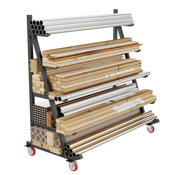 GIOTORENT Heavy Duty Horizontal Lumber Storage Rack with Wheels – 5-Tier Mobile Wood & Pipe Organizer Cart, Rust-Resistant Steel for Garage & Workshop