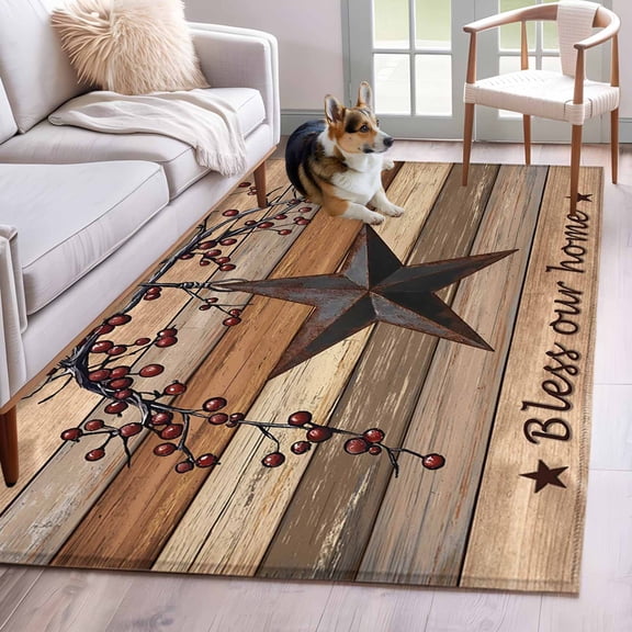 Area Rug for Living Room, Texas Star Vintage Non-Slip Indoor Large Carpet for Bedroom/Dining Room, Berry Dark Brown Wooden Washable Low-Profile Rectangle Floor Mat Runner Rugs - 3 x 5 Ft