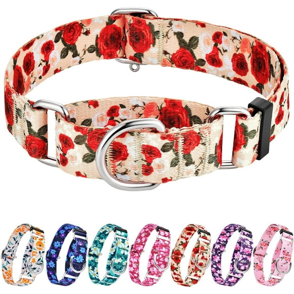 shiyou-Martingale Collar for Dogs with No Buckle Female Designer Floral Dog Collar Nylon No Pull Dog Collars for Small Dogs,Red Rose,S
