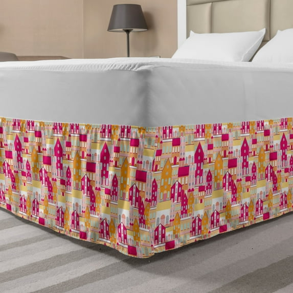 Urban Bed Skirt, City Architecture Minimalistic Northern Houses with Round Windows Print, Elastic Bedskirt Dust Ruffle Wrap Around for Bedding Decor, 4 Sizes, Marigold Magenta Blush, by Ambesonne