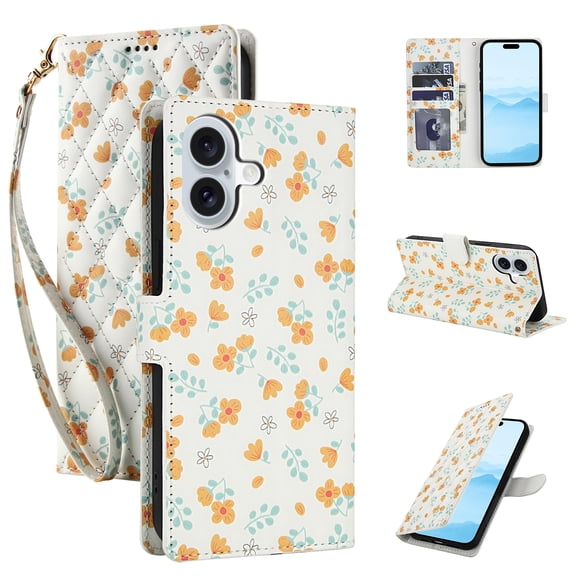 for iPhone 16 Wallet Case Women Girls, Cute Floral Pattern PU Leather Flip Phone Cover with Card Holder, Kickstand, Wrist Strap, Protective Purse Case for iPhone 16, Pattern-C