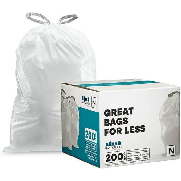 Plasticplace Custom Fit Trash Bags, Compatible with Simplehuman Code N (200 Count) – White Drawstring Garbage Bags, 12-13 Gallon / 45-50 Liters, Tear-Resistant 1.2 Mil Thick, 22.5" x 31.5" Trashbags