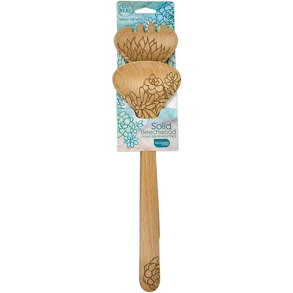 Talisman Designs Laser Etched Beechwood Salad Serving Set, Succulent Collection
