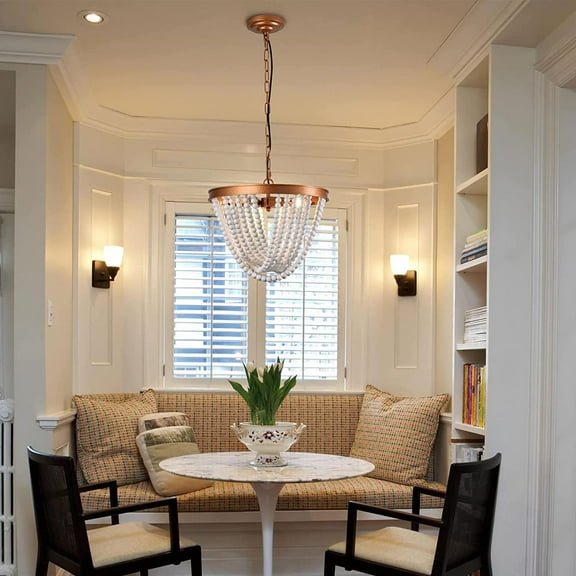 Miumaeov Wood Bead Chandelier 3-Light Farmhouse Chandelier Boho Chandelier Gold Pendant Light Fixtures Height Adjustable  for Kitchen Bedroom Foyer Hallway D15.5"xH11.5"