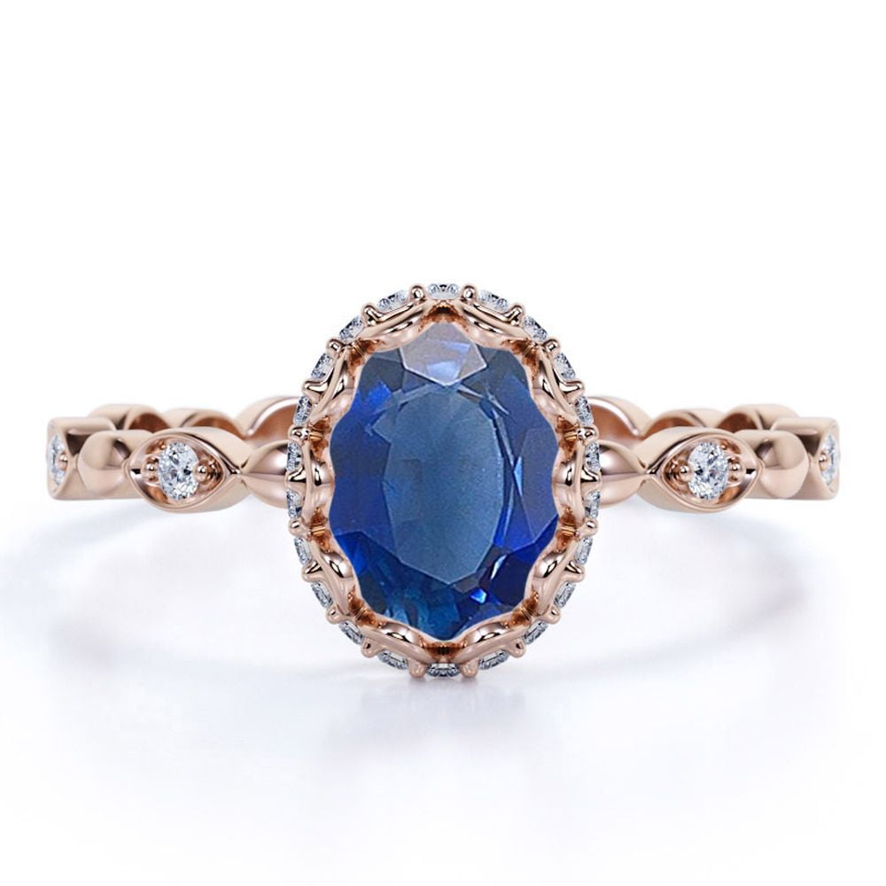 JeenMata Antique 1.25 Carat Oval Peacock Lab Created Blue Sapphire Birthstone Wedding Ring in 18k Rose Gold Over Silver