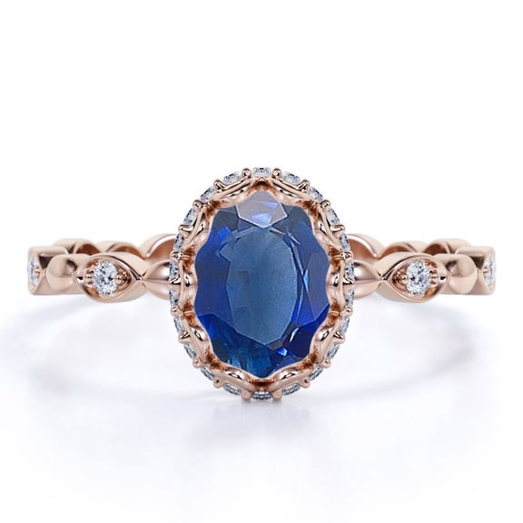 JeenMata Antique 1.25 Carat Oval Peacock Lab Created Blue Sapphire Birthstone Wedding Ring in 18k Rose Gold Over Silver