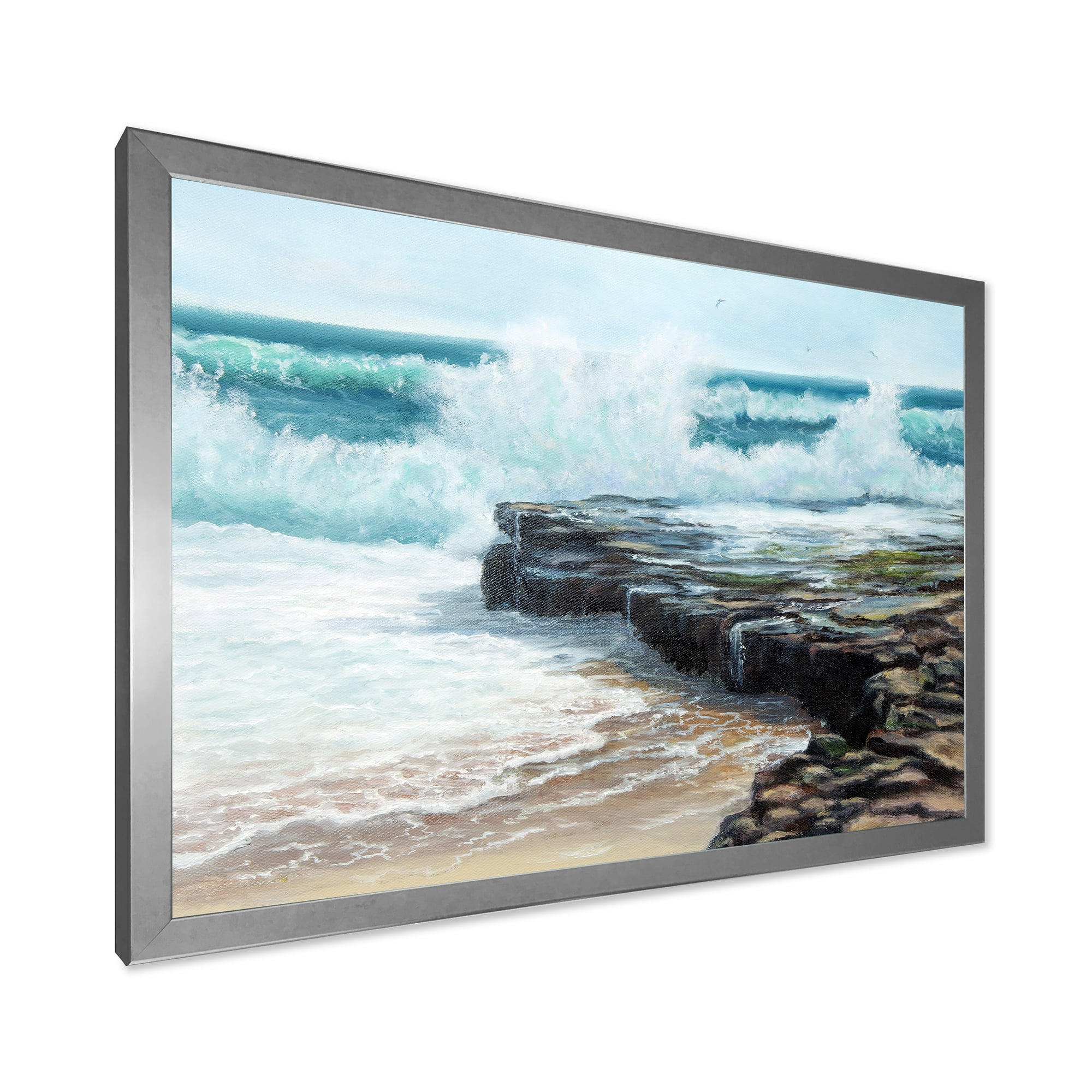 Designart 'Wild Ocean Waves Breaking On The Shore' Nautical & Coastal Framed Art Print
