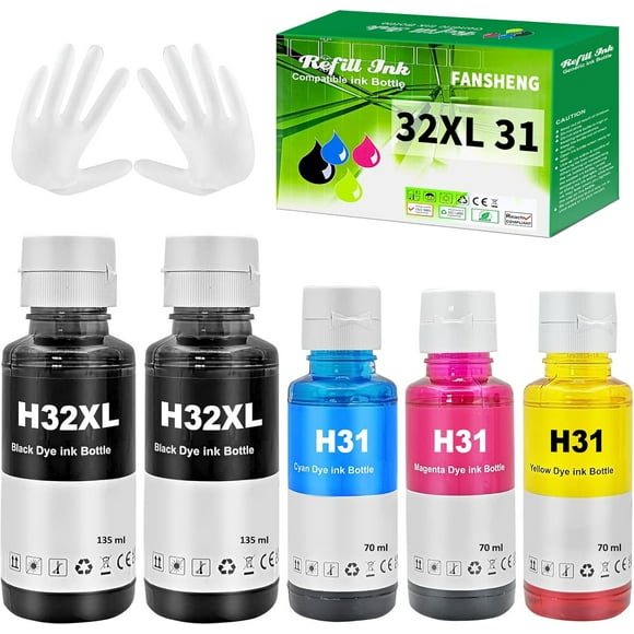 TRAHOO-31 32xl Ink Bottle Set Compatible with HP 31 Ink Bottle Set for Smart Tank 7301 6001 7602 5101 7001 450 455 457 517 for Smart Tank Plus 651 551 557 655 617 570 571 Printers. (5P, 2BK C M Y)