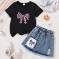 thumbnail image 2 of TOWED22 Girls' 2 Piece Outfit Toddler Short Sleeve Bow Print Tshirt Tee + Denim Skirt Set Summer Casual Clothes(Black,4 Y), 2 of 7