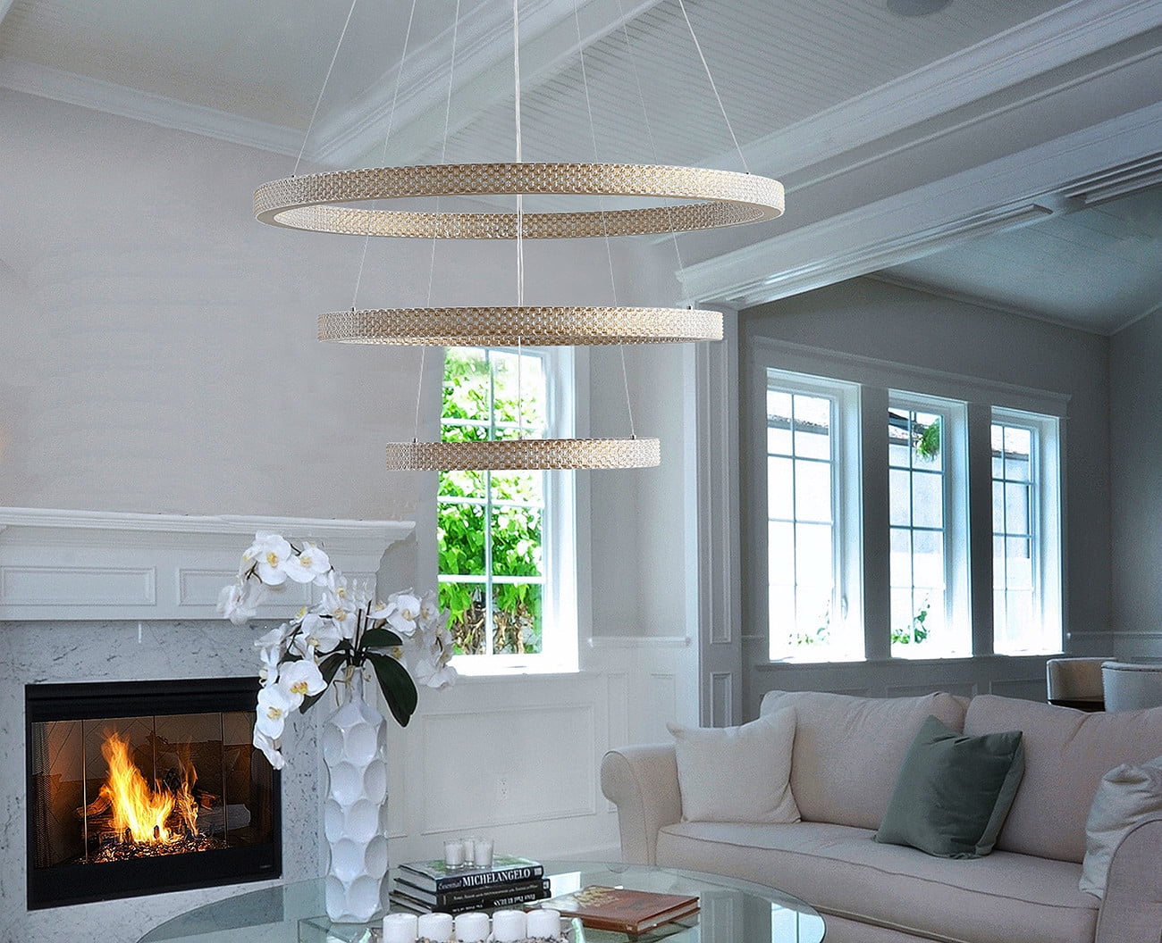 Aiwen Gold Finished 3 Tiered Crystal Rings Linear Chandelier Stylish Pendant Light