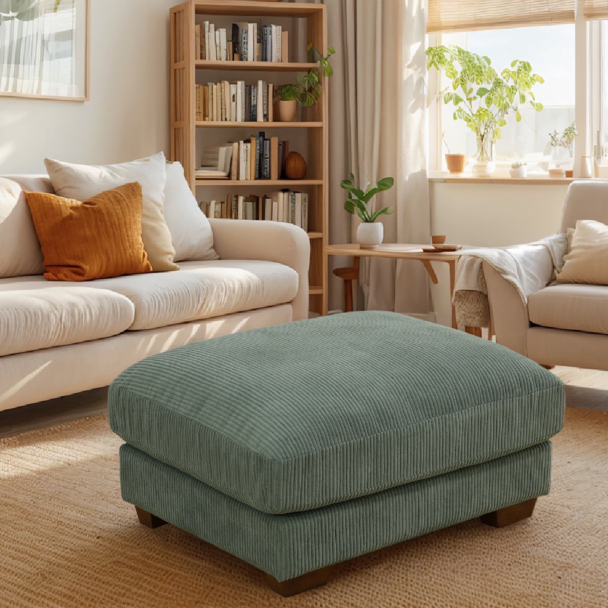 Large Oversized Ottoman Bench for Living Room, No Assembly Needed, Green Corduroy