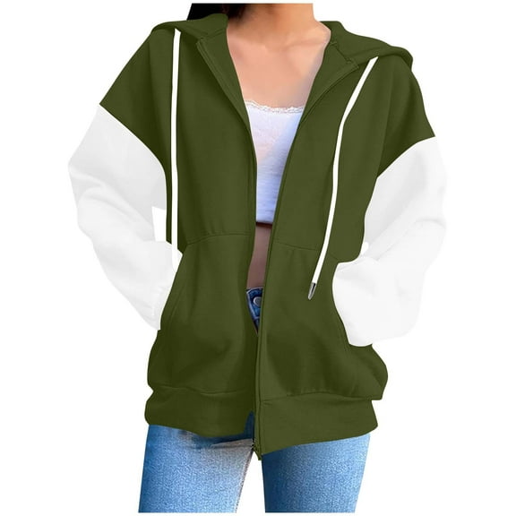 Chiccall Women's Hoodie Casual Fleece Colorblock Drawstring Hooded Sweatshirts Loose Comfy Full Zip Jacket Outwears with Pockets
